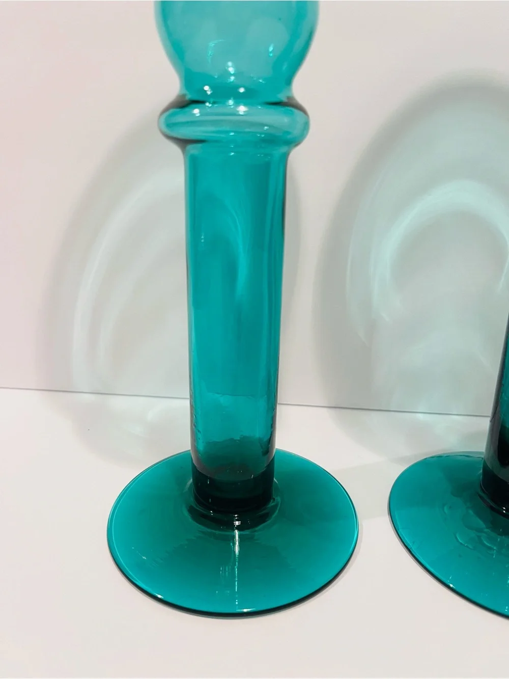 Vintage Emerald Green Handblown Glass Set of 2 Candle Holders 11”